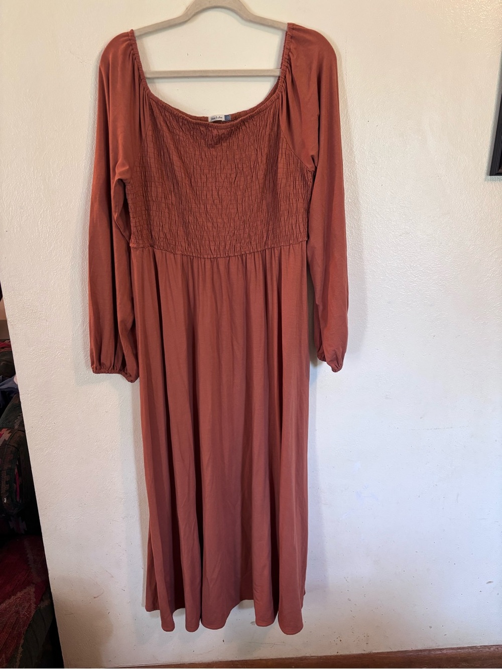 Long Sleeve Smocked Maxi Dress in Rust